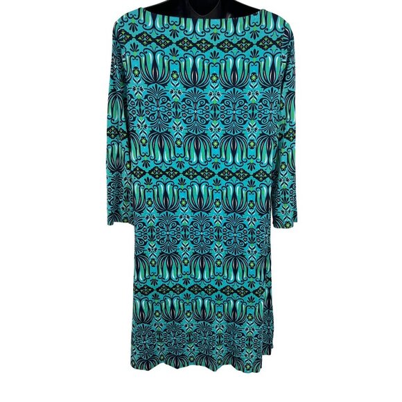 Tory Burch Shift Blue Green Geometric Silk Dress Medium M 3/4 Sleeve Stretch - Picture 6 of 10